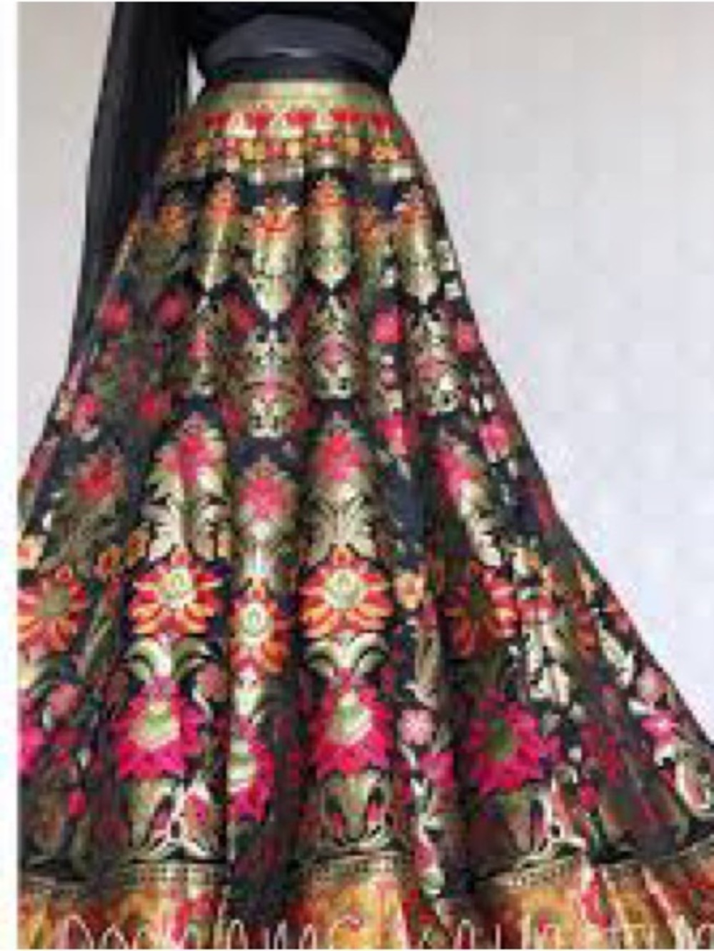 Black A-Line Lehenga Skirt with Pink & Gold Floral Brocade